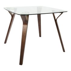 a glass table with wooden legs on a white background