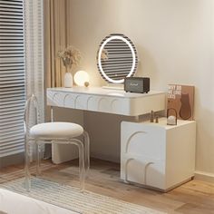 a white desk with a mirror and stool