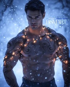 a man in the snow with his hands on his hips and lights around his chest