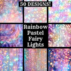 rainbow pastel fairy lights are featured in this photo collage with text overlays