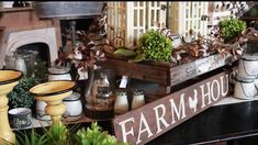 a table topped with lots of potted plants next to a sign that says farm house