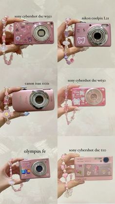 the instructions for how to take pictures with a pink camera and beads on her wrist