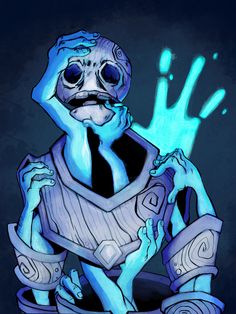 a drawing of a man with blue paint on his face and hands in front of him