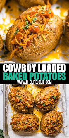 baked potatoes are loaded with shredded carrots and topped with an easy, cheesy topping