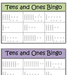 two tens and ones bingo game with the words ten and one's bino