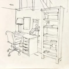 a drawing of a desk and chair in a room with shelves on the wall next to it