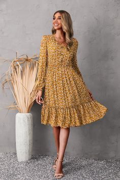 V Neck Long Sleeve Button Detail Ruffle Hem Floral Midi Dress New Trendy Dresses, Feminine Clothing, Frock For Women, Latest Fashion Dresses, Short Dresses Casual, Mini Dress Casual, Feminine Outfit, Mini Dresses, Floral Midi Dress