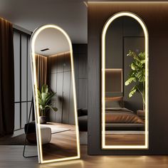 a large mirror sitting on top of a wooden floor next to a chair and potted plant