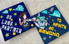 two blue graduation caps with cartoon images on them and the words, so long, party and beyond