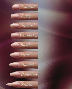 Wich nail style is your favorite? Bailarina Nail Shape, Nails Design Names, Name Of Nail Shapes, Nail Shapes And Names, Flair Nails Shape, Fake Nails Inspiration, Nail Ideas Extensions, Nails Sizes Shape Chart, Shape Of Nails Chart