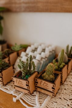 small wooden boxes filled with succulents on top of a table