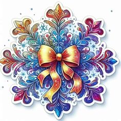 a colorful bow on top of an ornate design with snowflakes and swirls