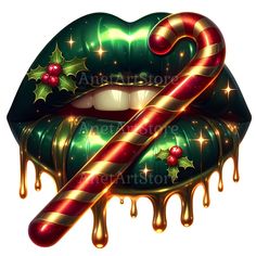 a candy cane sticking out of the lip of a woman's mouth with christmas decorations on it