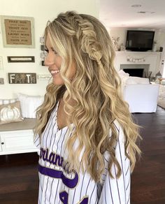 Formal Hair Ideas Down With Braid, Long Curls With Braid, Boho Braid With Curls, Prom Hairstyles With Pink Dress, Dressy Hairstyle Down, Hair Ideas For Prom All Down, Prom Hairstyles Down With Braid, Sadies Hair Hairstyles, Straight Hairstyles Hoco