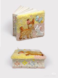 two books with pictures of animals on them, one is made out of fluffy material