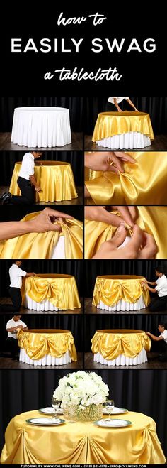 the instructions for how to make an easy and elegant tablecloth with satin fabric on it