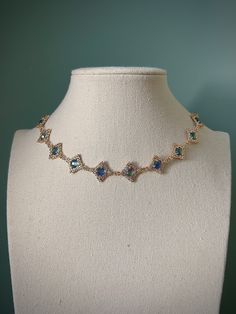 Mixed Blue Green Diamond Choker Necklace, Elegant Regency Gold Historical Tudor Necklace, Medieval Dainty Ethereal Jewelry - Etsy Yule Ball Jewelry, Regency Jewelry Necklaces, Medieval Jewelry Necklaces, Bridgeton Accessories, Blue Emerald Necklace As Elegant Gift, Elegant Blue Emerald Necklace Gift, Crystal Jeweled Choker Necklace As Gift, Crystal Jewel Choker Necklace As Gift, Elegant Gemstone Crystal Choker Necklace