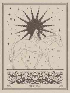 the sun tarot card with a woman riding a horse