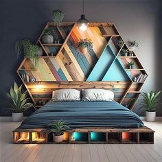 a bed made out of wooden pallets with plants on the headboard and shelves above it