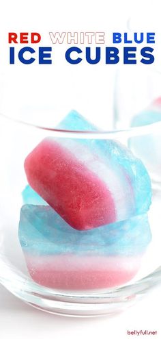 red, white and blue ice cubes in a glass bowl with text overlay