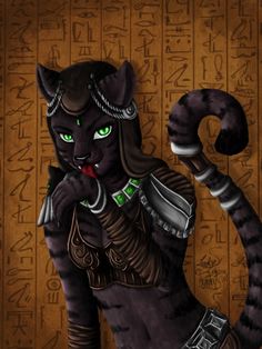 a black cat with green eyes is standing in front of an egyptian wall and holding a staff