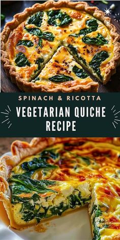 spinach and ricotta vegetarian quiche recipe on a plate with a slice missing