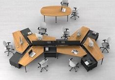 an overhead view of a conference room with multiple tables and chairs, including two desks