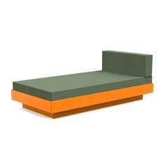 an orange and green daybed sitting on top of a white floor