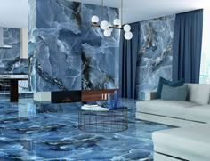 a living room with blue marble walls and flooring