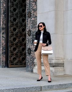 Tan Pants Black Blazer, Comfortable Black Heels, Work Photos, Fall Workwear, Tan Trousers, Stylish Lady, Beige Pants, White Tee Shirts, Black Knit Dress