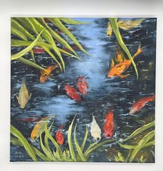 an oil painting of goldfish in a pond