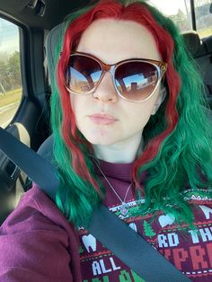 Green Hair With Money Piece, Red Money Piece Hair, Lunar Tides Hair Dye, Green And Red Hair, Red And Green Hair, Lunar Tide, Holiday Money, Money Pieces, Juniper Green