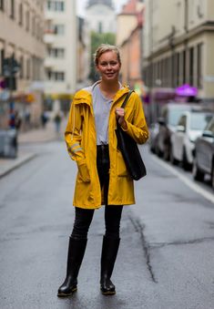 Go Big and Pair Your Yellow Raincoat With Wellies Rain Jacket Outfit, Rainy Outfit, Rain Outfit, Colorful Wardrobe