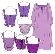 an illustration of different types of clothing for women, including dresses and tops with laces