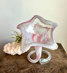 a pink and white vase sitting on top of a wooden table next to a air plant