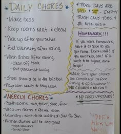 a white board with writing on it that says daily chores and other things to do