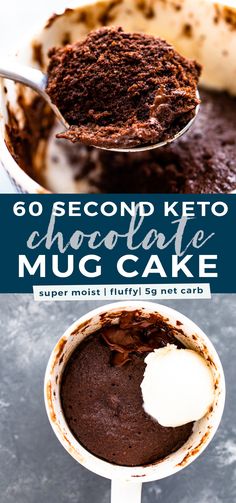 chocolate cake in a mug with the words 60 second keto chocolate mug cake