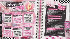 the inside pages of a pink and black planner book with lots of stickers on it