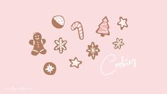 cookies and candy on a pink background with the word cookie written in white lettering below