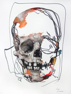 a drawing of a human skull with different colored lines on it's face and neck