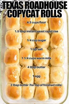 the recipe for texas roadhouse copycat rolls in a glass baking dish with instructions