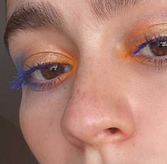 Blue And Orange Eye Makeup, Colorful Makeup Brown Eyes, Orange Blue Makeup, Orange And Blue Makeup, Simple Colorful Eye Makeup, Ethereal Makeup, Colorful Eye Makeup