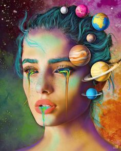 a painting of a woman with planets on her face