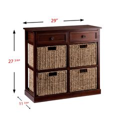 an image of a wooden cabinet with baskets on it and measurements for the drawers below