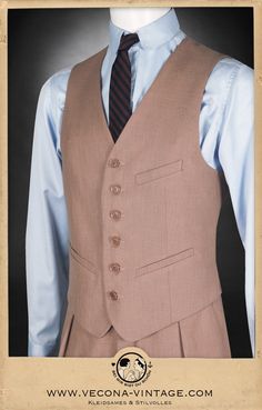 "To achieve your dapper vintage style this perfectly crafted garment is key! Like it came right from the 1920s and 30s this vest is not only extremely fashionable but also very practical. Three welt pockets provide enough room for your pocket watch, a handkerchief and all sorts of personal items. The high quality linen blend and a delicate art déco jacquard lining provide for a smart and classy look. Especially in combination with the matching trousers you'll never see the girl on your side disa Brown Single-breasted Sleeveless Vest, Brown Sleeveless Single-breasted Vest, Tailored Brown Vest With Notch Lapel, Retro Brown Vest For Workwear, Retro Brown Vest For Work, Tailored Single-breasted Brown Vest, Brown Business Vest With Notch Lapel, Tailored Brown Vest With Pockets, Brown Notch Lapel Vest For Business