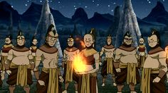 several cartoon characters standing around a fire in the middle of a night time scene with mountains in the background