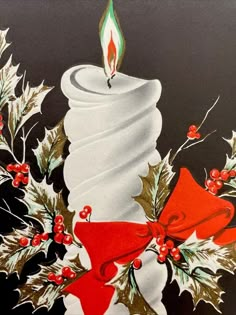 a painting of a lit candle with holly and red ribbon on it's side