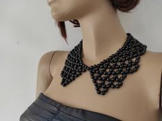 Handmade Jewelry Black Pearl beaded Peter Pan Collar Necklace.  Wonderful finish and secure beading.  Complete your  Party Dress  or consider to accessorize your casual dress. Festive is the new Casual this year.. Necklace shape is bead woven with first quality black faux pearls and fish line. Closing is done with silver plated chain ending with lobster clasp and extension chain 2' The silver  chain can be replaced to gold plated chain.Please choose your option. Light weight. This Necklace is Ma Year Necklace, Multi Strand Pearl Necklace, Removable Collar, Black Pearl Necklace, Dress Collar, Diy Bracelet Designs, Pearl Dress, White Pearl Necklace, Beaded Collar