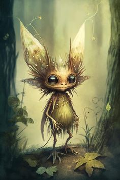 a little fairy with big eyes standing in the woods