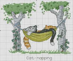 a cross stitch picture of a cat laying in a hammock between two trees